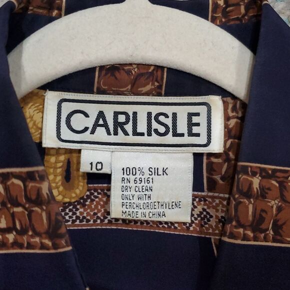Vintage Carlisle 100% Silk Navy and Gold Alligator Patterned Shirt Size 10 - Picture 10 of 11